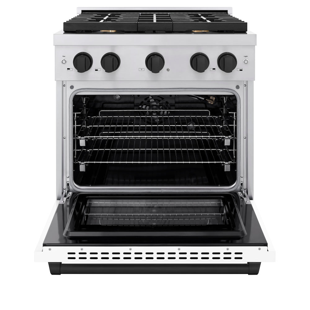 ZLINE Autograph Edition 30 in. 4.2 cu. ft. Paramount Gas Range with 4 Burner Cooktop and Convection Gas Oven in Stainless Steel with White Matte Door and Matte Black Accents (SGRZ-WM-30-MB) front, oven open.