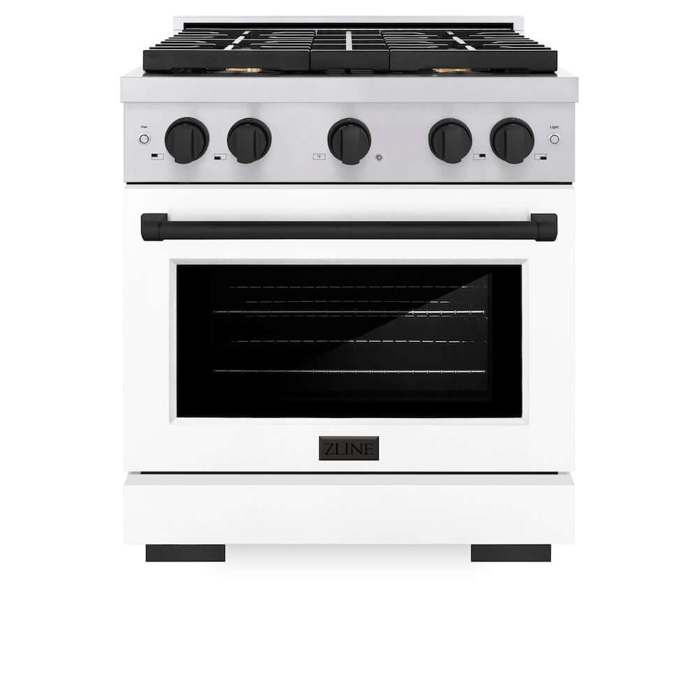 ZLINE Autograph Edition 30 in. Gas Range in Stainless Steel with White Matte Oven door and Matte Black Accents (SGRZ-WM-30-MB) front, oven door closed.