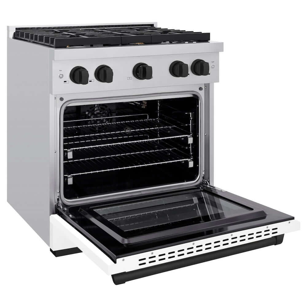 ZLINE Autograph Edition 30 in. Gas Range in Stainless Steel with White Matte Oven door and Matte Black Accents (SGRZ-WM-30-MB) side, oven door open.