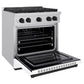 ZLINE Autograph Edition 30 in. 4.2 cu. ft. Paramount Gas Range with 4 Burner Cooktop and Convection Gas Oven in Stainless Steel with White Matte Door and Matte Black Accents (SGRZ-WM-30-MB) side, open.