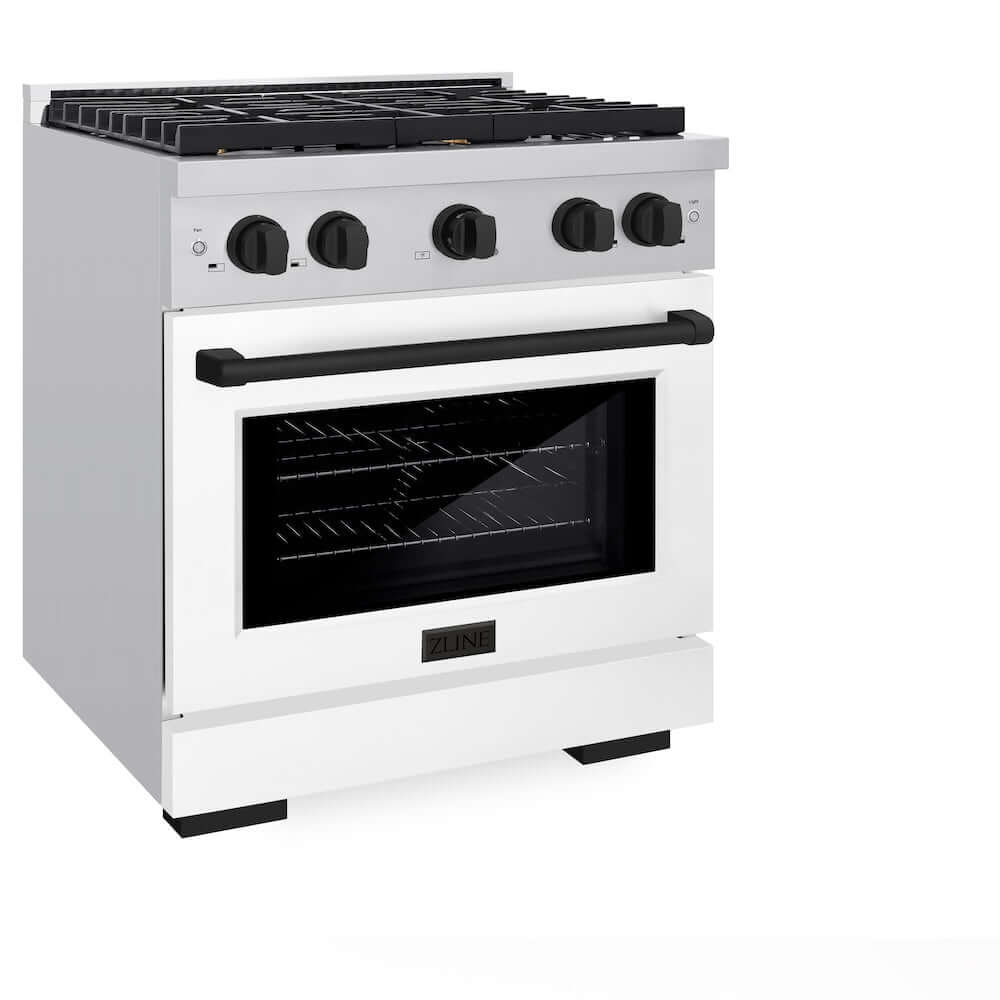 ZLINE Autograph Edition 30 in. Gas Range in Stainless Steel with White Matte Oven door and Matte Black Accents (SGRZ-WM-30-MB) side, oven door closed.