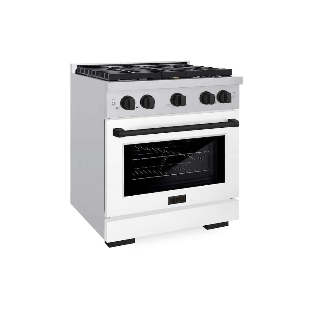 ZLINE Autograph Edition 30 in. Gas Range in Stainless Steel with White Matte Oven door and Matte Black Accents (SGRZ-WM-30-MB)