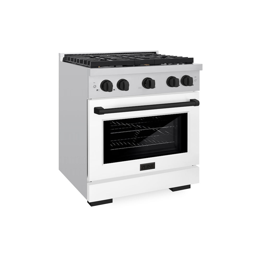 ZLINE Autograph Edition 30 in. 4.2 cu. ft. Paramount Gas Range with 4 Burner Cooktop and Convection Gas Oven in Stainless Steel with White Matte Door and Matte Black Accents (SGRZ-WM-30-MB)