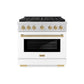 ZLINE Autograph Edition 36 in. 5.2 cu. ft. Paramount Gas Range with 6 Burner Cooktop and Convection Gas Oven in Stainless Steel with White Matte Door and Champagne Bronze Accents, Open Box-Great Condition