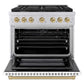 ZLINE Autograph Edition 36 in. 5.2 cu. ft. Paramount Gas Range with 6 Burner Cooktop and Convection Gas Oven in Stainless Steel with White Matte Door and Champagne Bronze Accents (SGRZ-WM-36-CB) front, oven open.