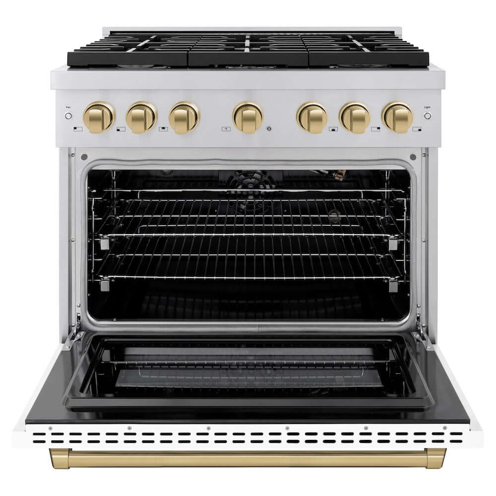 ZLINE Autograph Edition 36 in. 5.2 cu. ft. Paramount Gas Range with 6 Burner Cooktop and Convection Gas Oven in Stainless Steel with White Matte Door and Champagne Bronze Accents (SGRZ-WM-36-CB) front, oven open.