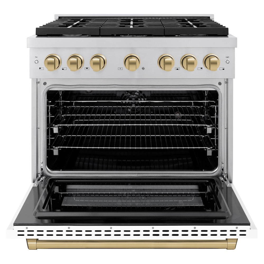 ZLINE Autograph Edition 36 in. 5.2 cu. ft. Paramount Dual Fuel Range with 6 Burner Gas Cooktop and Electric Convection Oven in Stainless Steel with White Matte Door and Champagne Bronze Accents (SDRZ-WM-36-CB) front, oven open.