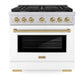 ZLINE Autograph Edition 36 in. 5.2 cu. ft. Paramount Gas Range with 6 Burner Cooktop and Convection Gas Oven in Stainless Steel with White Matte Door and Champagne Bronze Accents (SGRZ-WM-36-CB) front, oven closed.