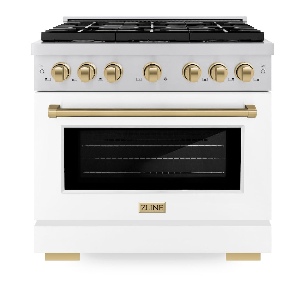 ZLINE Autograph Edition 36 in. 5.2 cu. ft. Paramount Dual Fuel Range with 6 Burner Gas Cooktop and Electric Convection Oven in Stainless Steel with White Matte Door and Champagne Bronze Accents (SDRZ-WM-36-CB) front, oven closed.