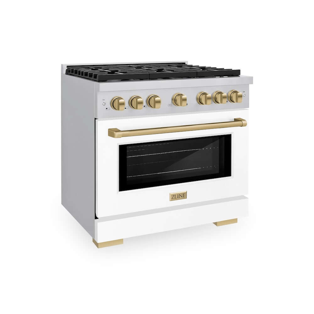 ZLINE Autograph Edition 36 in. 5.2 cu. ft. 6 Burner Gas Range with Convection Gas Oven in Stainless Steel with White Matte Door and Champagne Bronze Accents (SGRZ-WM-36-CB)