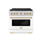 ZLINE Autograph Edition 36 in. 5.2 cu. ft. Paramount Gas Range with 6 Burner Cooktop and Convection Gas Oven in Stainless Steel with White Matte Door and Polished Gold Accents, Open Box-Great Condition