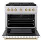 ZLINE Autograph Edition 36 in. 5.2 cu. ft. Paramount Gas Range with 6 Burner Cooktop and Convection Gas Oven in Stainless Steel with White Matte Door and Polished Gold Accents (SGRZ-WM-36-G) front, oven open.