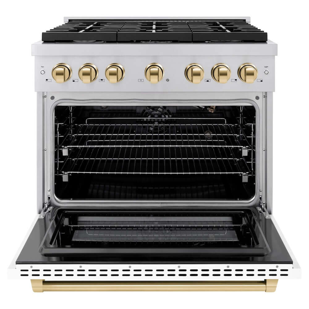 ZLINE Autograph Edition 36 in. 5.2 cu. ft. Paramount Gas Range with 6 Burner Cooktop and Convection Gas Oven in Stainless Steel with White Matte Door and Polished Gold Accents (SGRZ-WM-36-G) front, oven open.