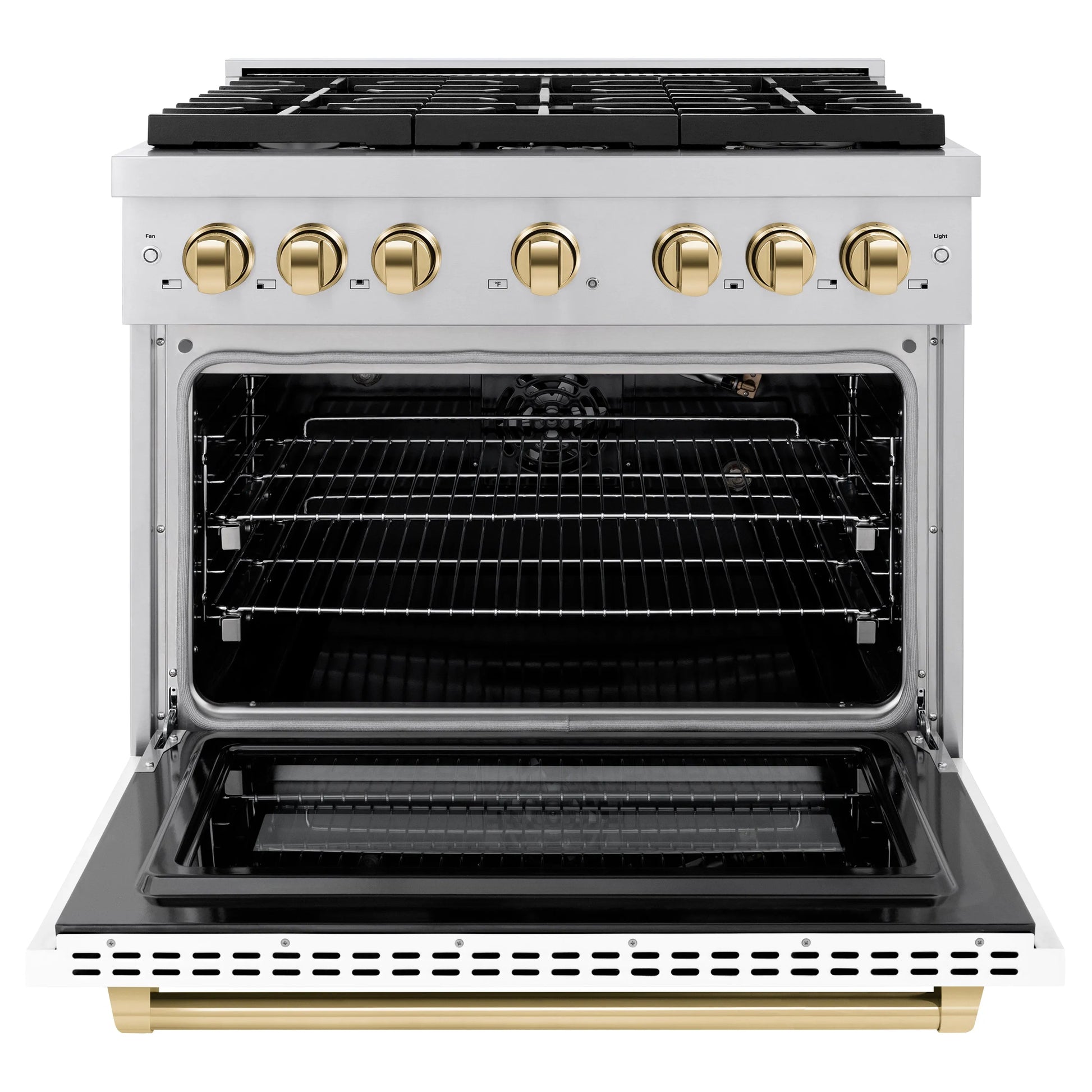 ZLINE Autograph Edition 36 in. 5.2 cu. ft. Paramount Gas Range with 6 Burner Cooktop and Convection Gas Oven in Stainless Steel with White Matte Door and Polished Gold Accents, Open Box-Great Condition