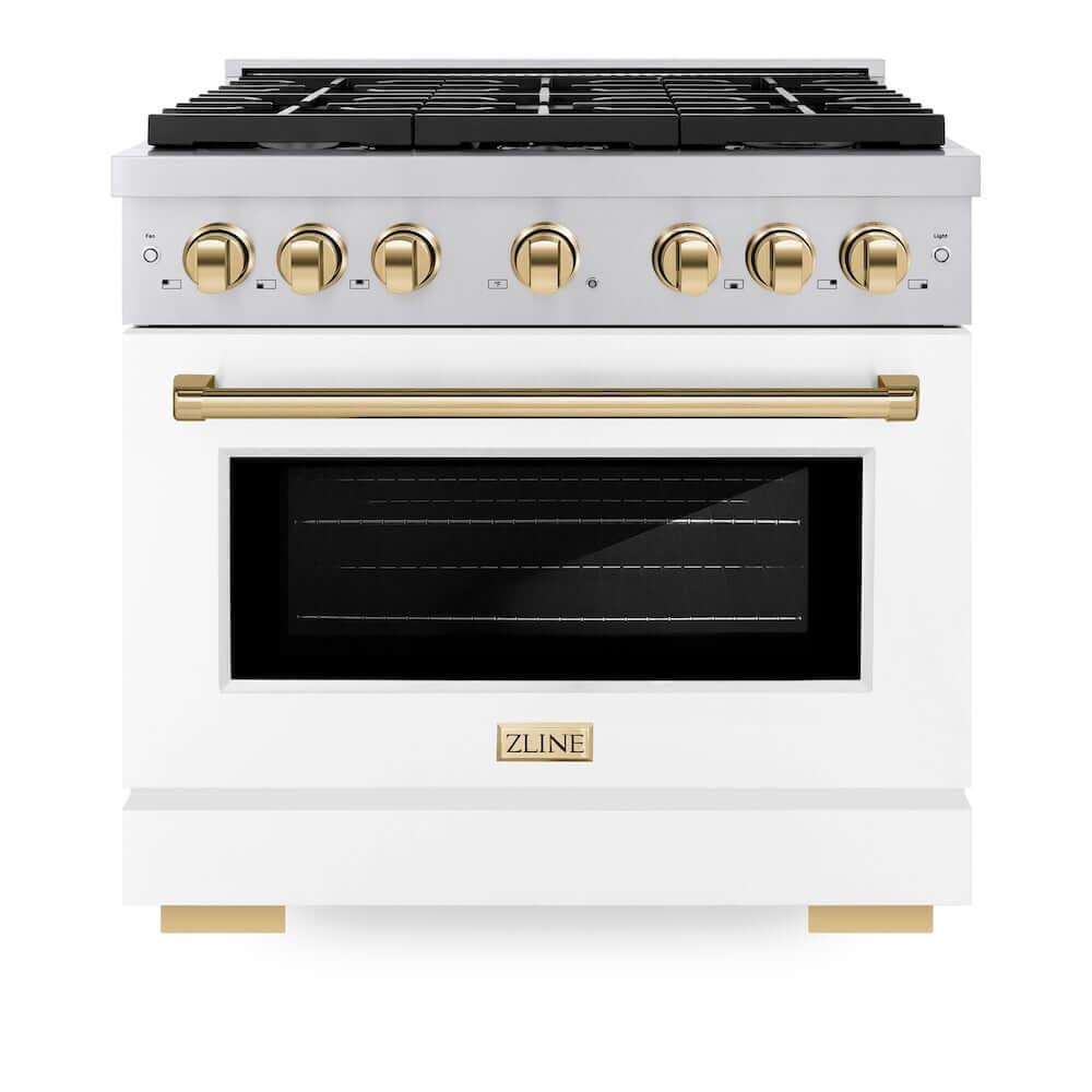 ZLINE Autograph Edition 36 in. 5.2 cu. ft. Paramount Gas Range with 6 Burner Cooktop and Convection Gas Oven in Stainless Steel with White Matte Door and Polished Gold Accents (SGRZ-WM-36-G) front, oven closed.