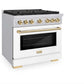 ZLINE Autograph Edition 36 in. 5.2 cu. ft. Paramount Gas Range with 6 Burner Cooktop and Convection Gas Oven in Stainless Steel with White Matte Door and Polished Gold Accents (SGRZ-WM-36-G) side, oven closed.