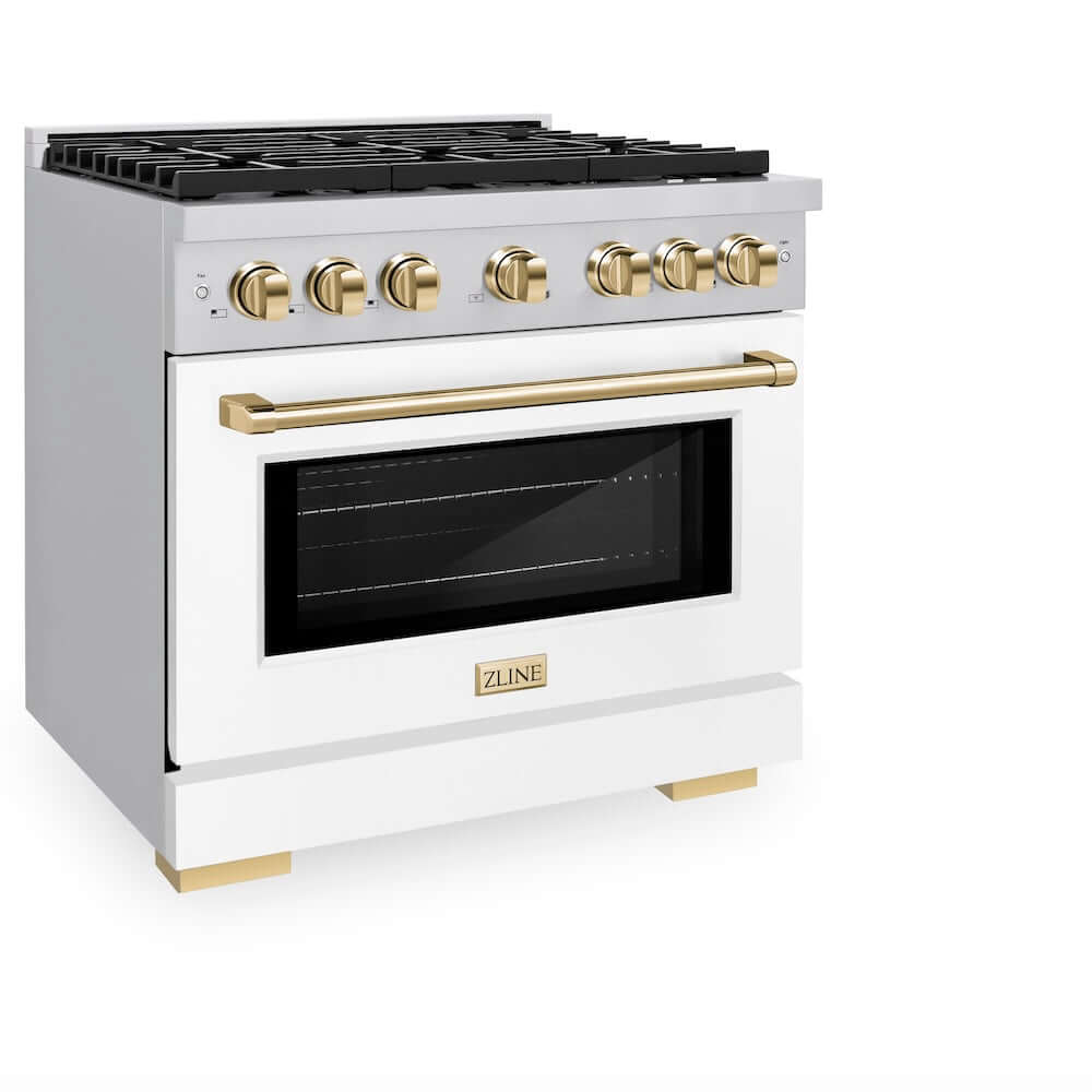 ZLINE Autograph Edition 36 in. 5.2 cu. ft. 6 Burner Gas Range with Convection Gas Oven in Stainless Steel with White Matte Door and Polished Gold Accents (SGRZ-WM-36-G)