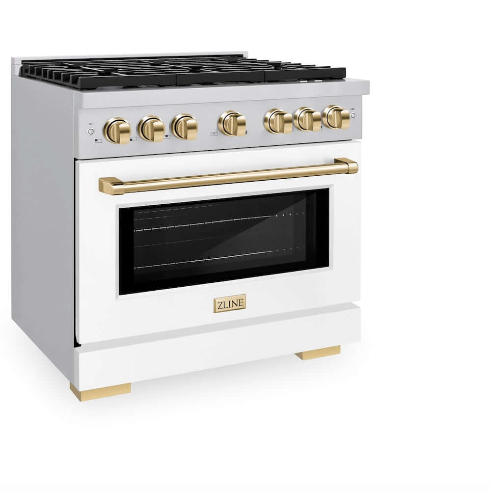 ZLINE Autograph Edition 36 in. 5.2 cu. ft. Paramount Gas Range with 6 Burner Cooktop and Convection Gas Oven in Stainless Steel with White Matte Door and Polished Gold Accents (SGRZ-WM-36-G) side, oven closed.