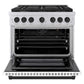 ZLINE Autograph Edition 36 in. 5.2 cu. ft. Paramount Gas Range with 6 Burner Cooktop and Convection Gas Oven in Stainless Steel with White Matte Door and Matte Black Accents (SGRZ-WM-36-MB) front, oven open.