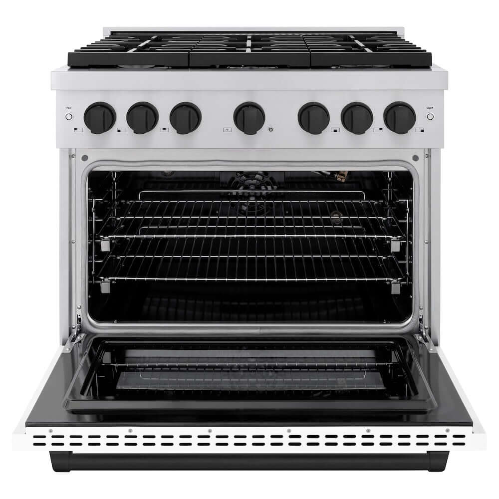 ZLINE Autograph Edition 36 in. 5.2 cu. ft. Paramount Gas Range with 6 Burner Cooktop and Convection Gas Oven in Stainless Steel with White Matte Door and Matte Black Accents (SGRZ-WM-36-MB) front, oven open.