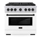 ZLINE Autograph Edition 36 in. 5.2 cu. ft. Paramount Gas Range with 6 Burner Cooktop and Convection Gas Oven in Stainless Steel with White Matte Door and Matte Black Accents (SGRZ-WM-36-MB) front, oven closed.