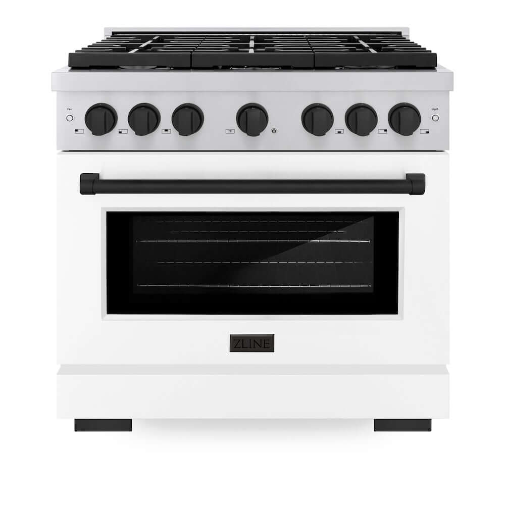ZLINE Autograph Edition 36 in. 5.2 cu. ft. Paramount Gas Range with 6 Burner Cooktop and Convection Gas Oven in Stainless Steel with White Matte Door and Matte Black Accents (SGRZ-WM-36-MB) front, oven closed.
