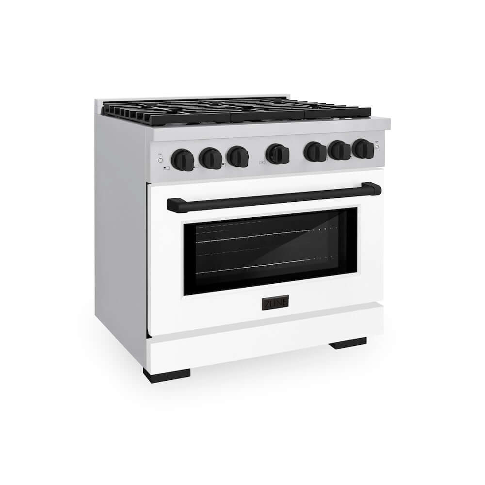 ZLINE Autograph Edition 36 in. 5.2 cu. ft. Paramount Gas Range with 6 Burner Cooktop and Convection Gas Oven in Stainless Steel with White Matte Door and Matte Black Accents (SGRZ-WM-36-MB) main image.