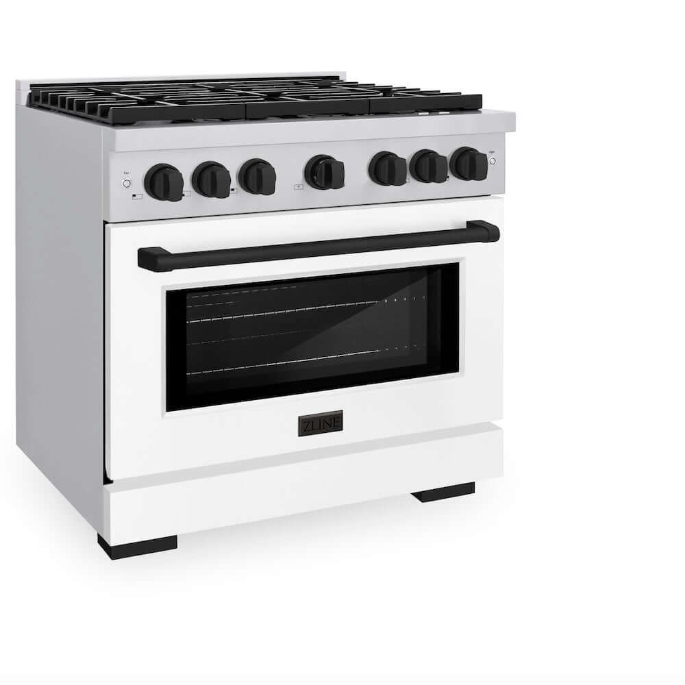 ZLINE Autograph Edition 36 in. 5.2 cu. ft. 6 Burner Gas Range with Convection Gas Oven in Stainless Steel with White Matte Door and Matte Black Accents (SGRZ-WM-36-MB)