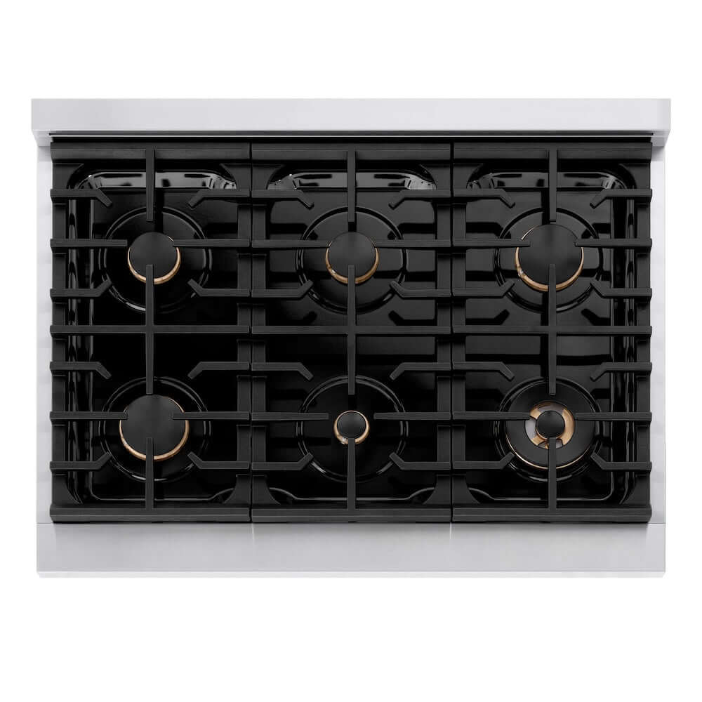 ZLINE Autograph Edition 36 in. 5.2 cu. ft. Paramount Gas Range with 6 Burner Cooktop and Convection Gas Oven in Stainless Steel with White Matte Door and Matte Black Accents (SGRZ-WM-36-MB) top-down, above cooktop.