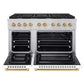 ZLINE Autograph Edition 48 in. 6.7 cu. ft. Paramount Double Oven Gas Range with 8 Burner Cooktop in Stainless Steel with White Matte Doors and Champagne Bronze Accents (SGRZ-WM-48-CB) front, oven open.