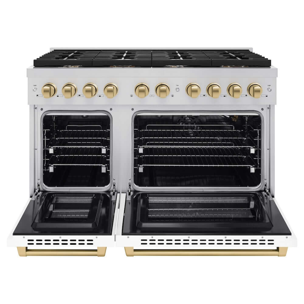 ZLINE Autograph Edition 48 in. 6.7 cu. ft. Paramount Double Oven Gas Range with 8 Burner Cooktop in Stainless Steel with White Matte Doors and Champagne Bronze Accents (SGRZ-WM-48-CB) front, oven open.