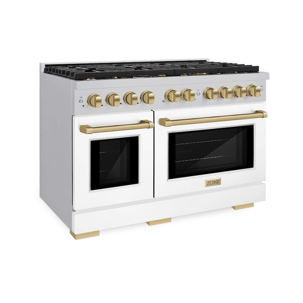 ZLINE Autograph Edition 48 in. 6.7 cu. ft. 8 Burner Double Oven Gas Range in Stainless Steel with White Matte Doors and Champagne Bronze Accents (SGRZ-WM-48-CB)
