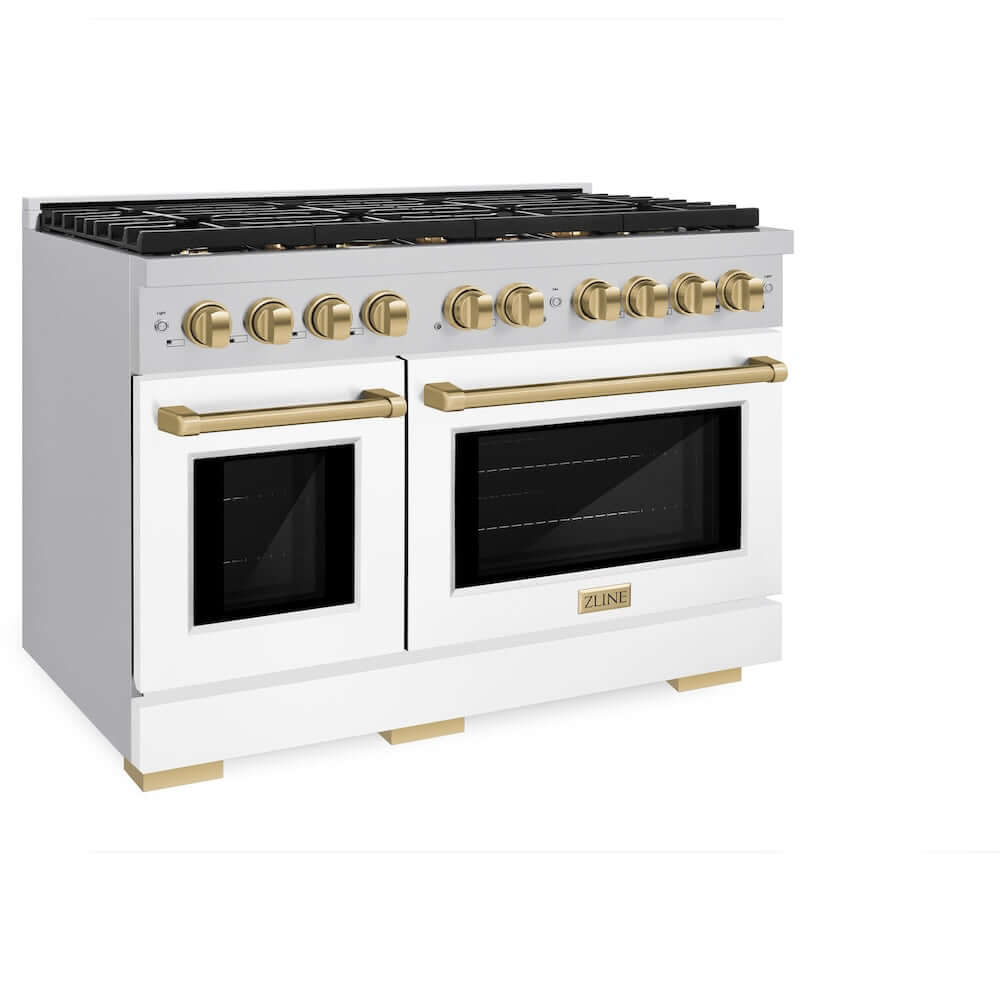 ZLINE Autograph Edition 48 in. 6.7 cu. ft. Paramount Double Oven Gas Range with 8 Burner Cooktop in Stainless Steel with White Matte Doors and Champagne Bronze Accents (SGRZ-WM-48-CB) side, oven closed.
