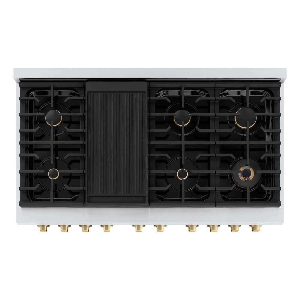 ZLINE Autograph Edition 48 in. 6.7 cu. ft. Paramount Double Oven Gas Range with 8 Burner Cooktop in Stainless Steel with White Matte Doors and Champagne Bronze Accents (SGRZ-WM-48-CB) top-down, above cooktop.