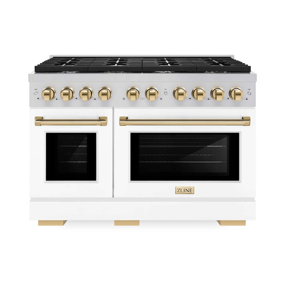 ZLINE Autograph Edition 48 in. Gas Range with White Matte Doors and Polished Gold Accents (SGRZ-WM-48-G) front, oven doors closed.