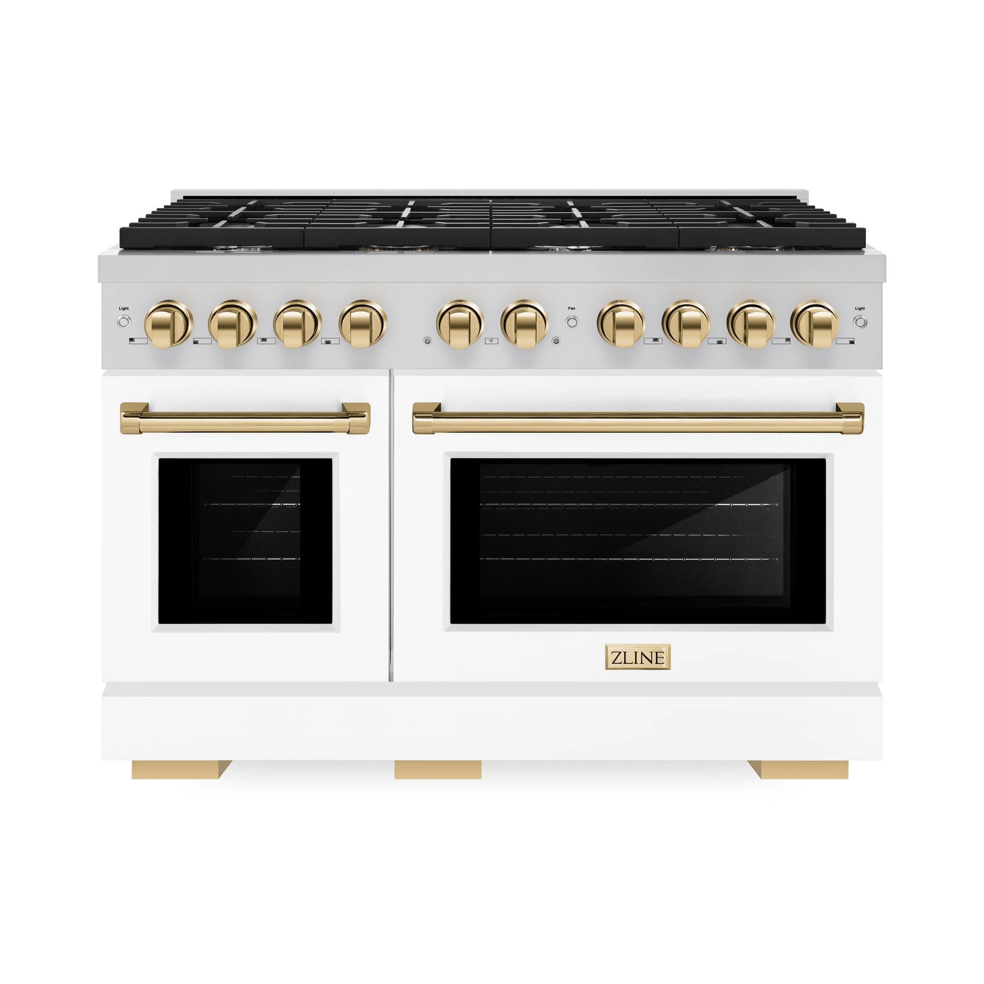 ZLINE Autograph Edition 48 in. 6.7 cu. ft. Paramount Double Oven Gas Range with 8 Burner Cooktop in Stainless Steel with White Matte Doors and Polished Gold Accents, Open Box-Great Condition