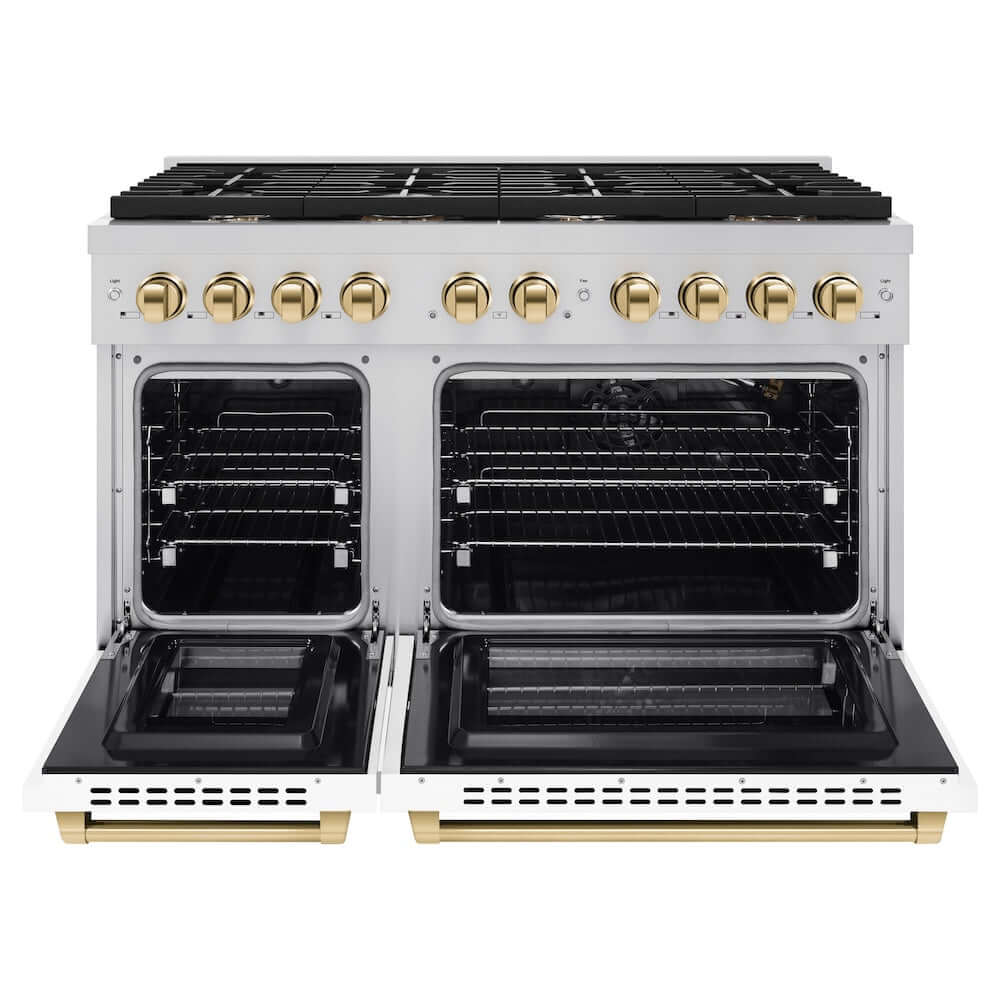 ZLINE Autograph Edition 48 in. Gas Range with White Matte Doors and Polished Gold Accents (SGRZ-WM-48-G) front, oven doors open.