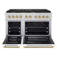 ZLINE Autograph Edition 48 in. 6.7 cu. ft. Paramount Double Oven Gas Range with 8 Burner Cooktop in Stainless Steel with White Matte Doors and Polished Gold Accents (SGRZ-WM-48-G) front, oven open.