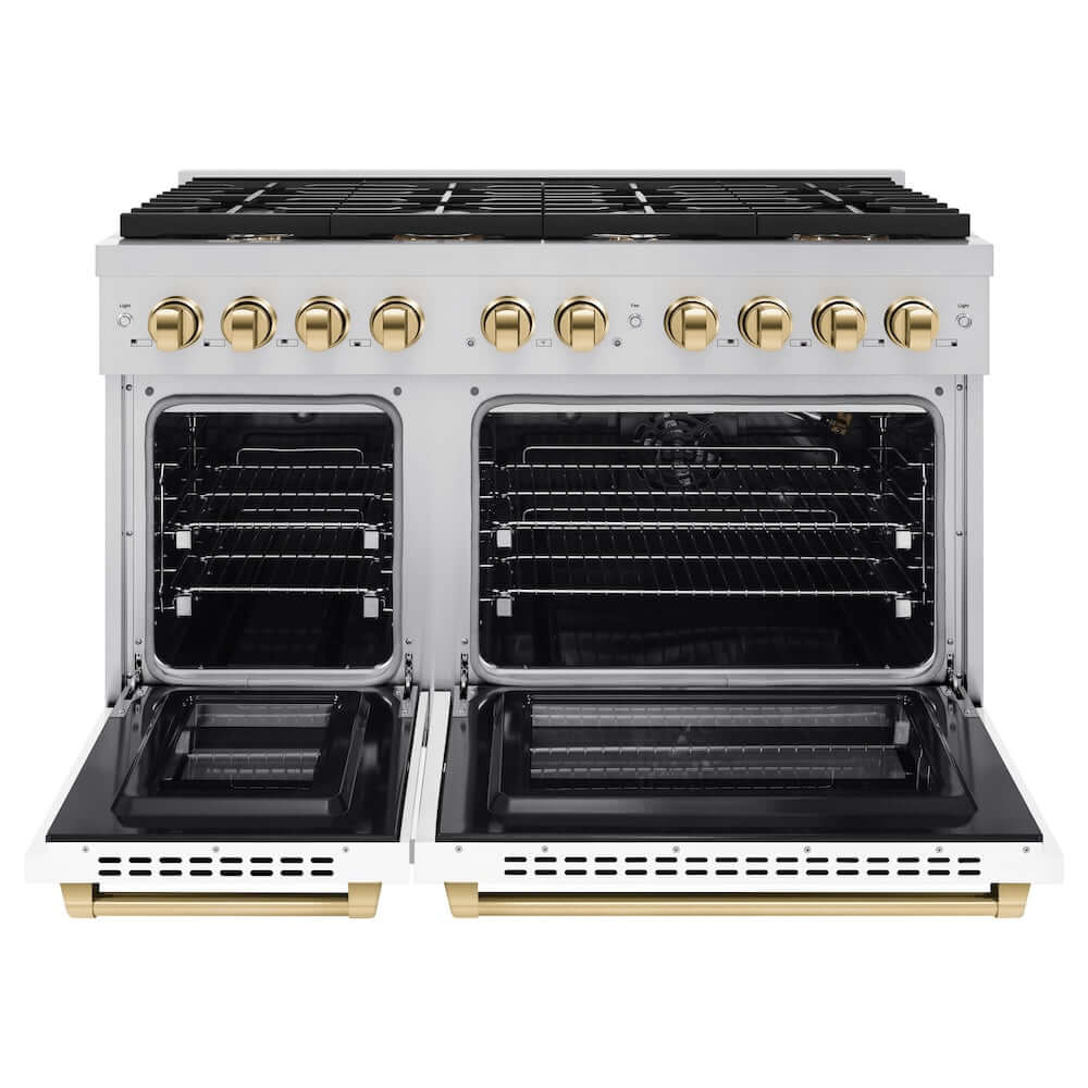 ZLINE Autograph Edition 48 in. 6.7 cu. ft. Paramount Double Oven Gas Range with 8 Burner Cooktop in Stainless Steel with White Matte Doors and Polished Gold Accents (SGRZ-WM-48-G) front, oven open.