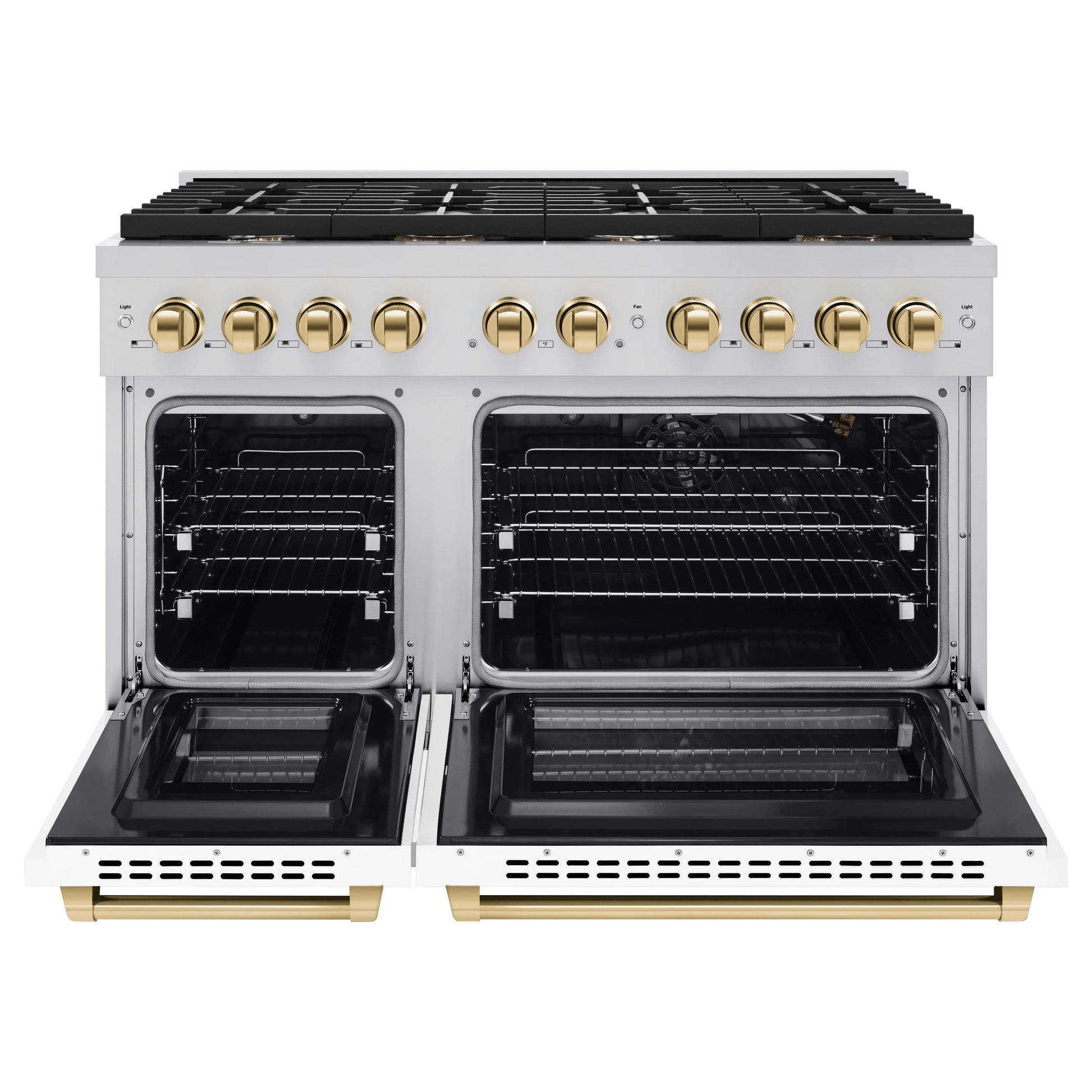 ZLINE Autograph Edition 48 in. 6.7 cu. ft. Paramount Double Oven Gas Range with 8 Burner Cooktop in Stainless Steel with White Matte Doors and Polished Gold Accents, Open Box-Great Condition
