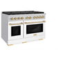 ZLINE Autograph Edition 48 in. 6.7 cu. ft. Paramount Double Oven Gas Range with 8 Burner Cooktop in Stainless Steel with White Matte Doors and Polished Gold Accents (SGRZ-WM-48-G) side, oven closed.
