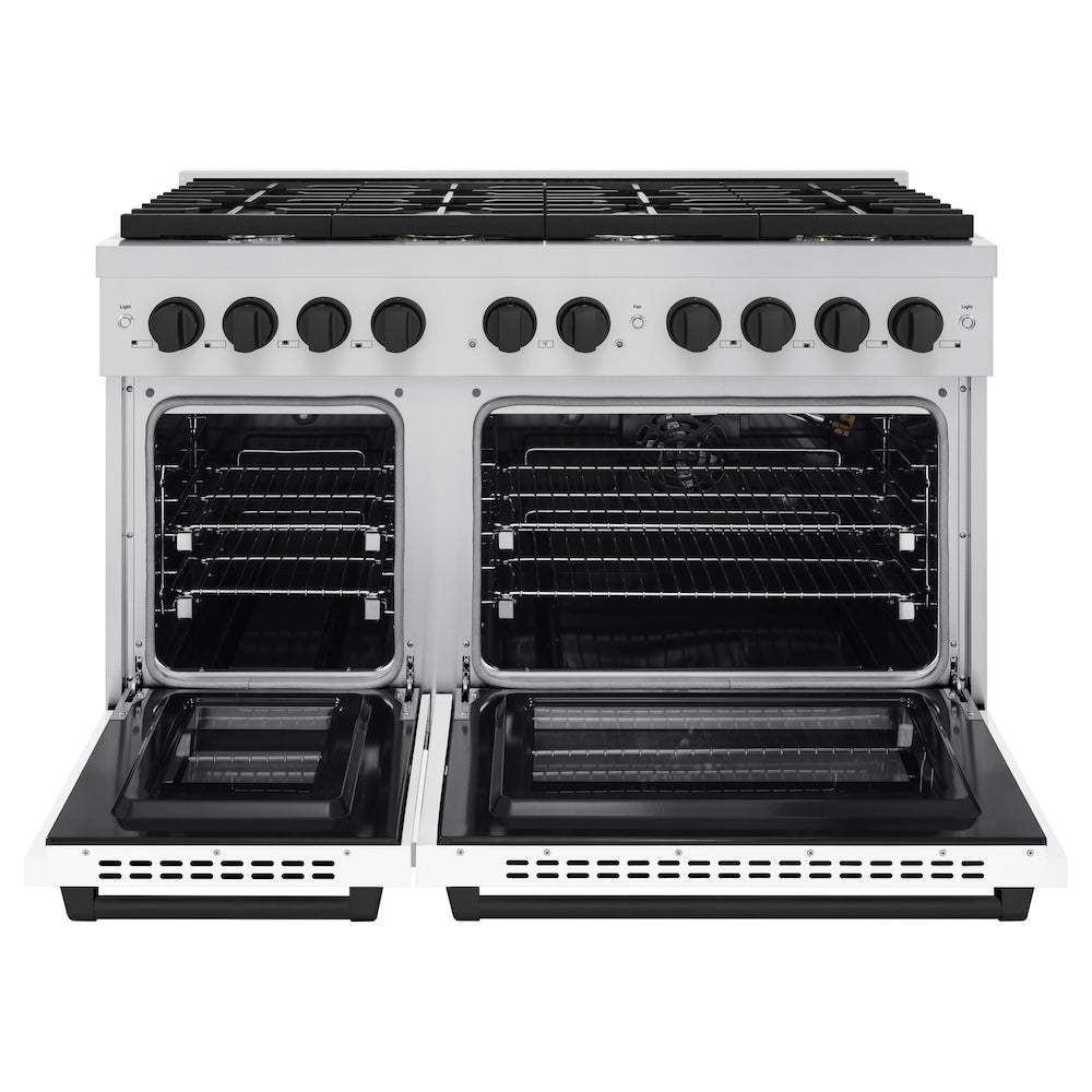 ZLINE Autograph Edition 48 in. 6.7 cu. ft. Paramount Double Oven Gas Range with 8 Burner Cooktop in Stainless Steel with White Matte Doors and Matte Black Accents (SGRZ-WM-48-MB) front, oven open.