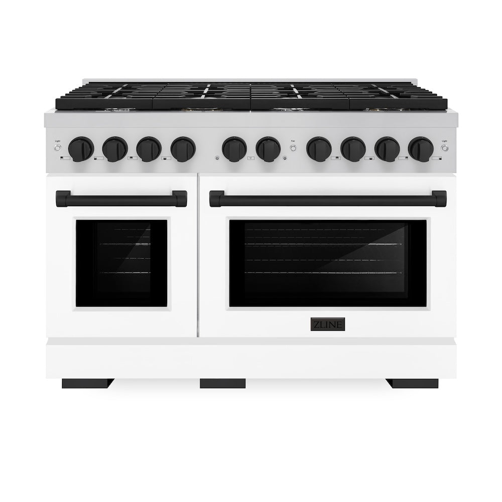 ZLINE Autograph Edition 48 in. 6.7 cu. ft. Paramount Double Oven Gas Range with 8 Burner Cooktop in Stainless Steel with White Matte Doors and Matte Black Accents (SGRZ-WM-48-MB) front, oven closed.