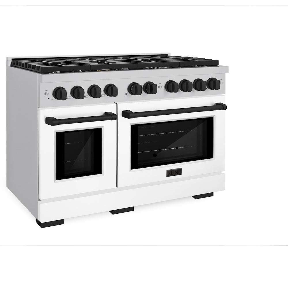 ZLINE Autograph Edition 48 in. 6.7 cu. ft. Paramount Double Oven Gas Range with 8 Burner Cooktop in Stainless Steel with White Matte Doors and Matte Black Accents (SGRZ-WM-48-MB) side, oven closed.