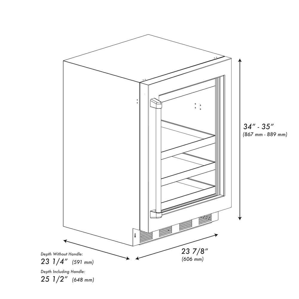 ZLINE Autograph Edition 24 in. Touchstone 151 Can Beverage Fridge With Black Matte Glass Door And Champagne Bronze Handle (RBSOZ-BLM-24-CB) dimensional diagram.