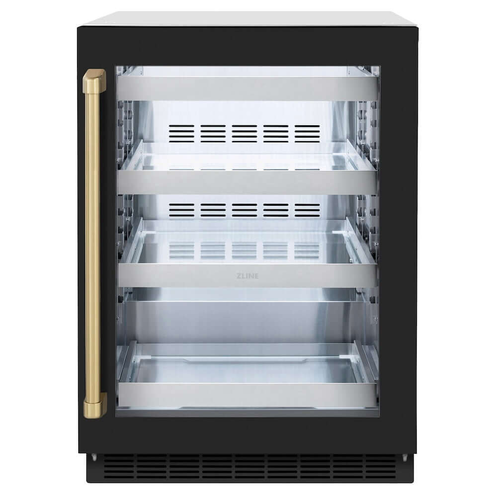 ZLINE Autograph Edition 24 in. Touchstone 151 Can Beverage Fridge With Black Matte Glass Door And Champagne Bronze Handle (RBSOZ-BLM-24-CB) front, closed.