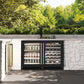 ZLINE Autograph Edition 24 in. Touchstone 151 Can Beverage Fridge With Black Matte Glass Door And Polished Gold Handle (RBSOZ-BLM-24-G) front, in an outdoor patio area with a matching wine cooler against a stone wall and greenery.