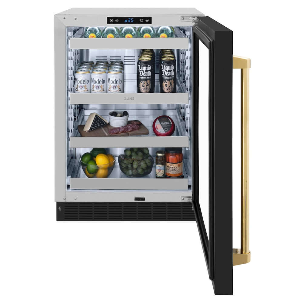 ZLINE Autograph Edition 24 in. Touchstone 151 Can Beverage Fridge With Black Matte Glass Door And Polished Gold Handle (RBSOZ-BLM-24-G) front, open, full.