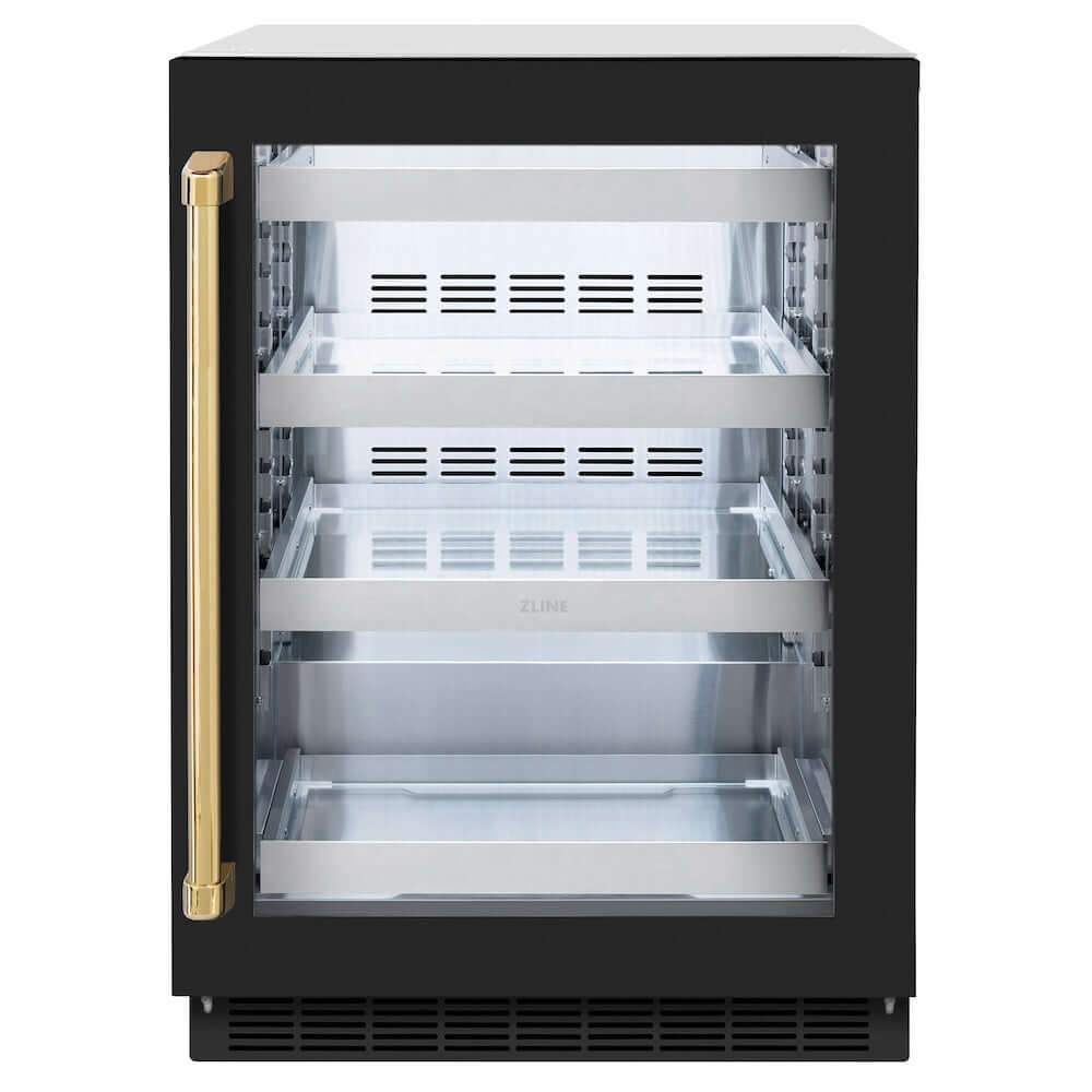 ZLINE Autograph Edition 24 in. Touchstone 151 Can Beverage Fridge With Black Matte Glass Door And Polished Gold Handle (RBSOZ-BLM-24-G) front, closed.