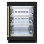 ZLINE Autograph Edition 24 in. Touchstone 151 Can Beverage Fridge With Black Matte Glass Door And Polished Gold Handle (RBSOZ-BLM-24-G) front, closed.